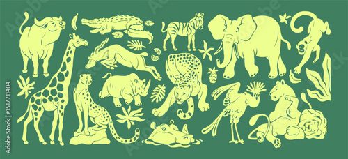 Vintage set of Safari animals. Silhouettes of African wildlife. Fauna of wild Savanna: elephant, giraffe, lions, buffalo, monkey, crocodile, zebra, cheetah, rhino. Flat isolated vector illustrations