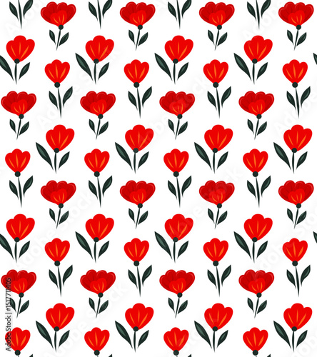 Vector ditsy pattern with red poppies in a row on a white background. Decorative rustic floral texture in folk art style for fabrics, wallpapers and curtains.