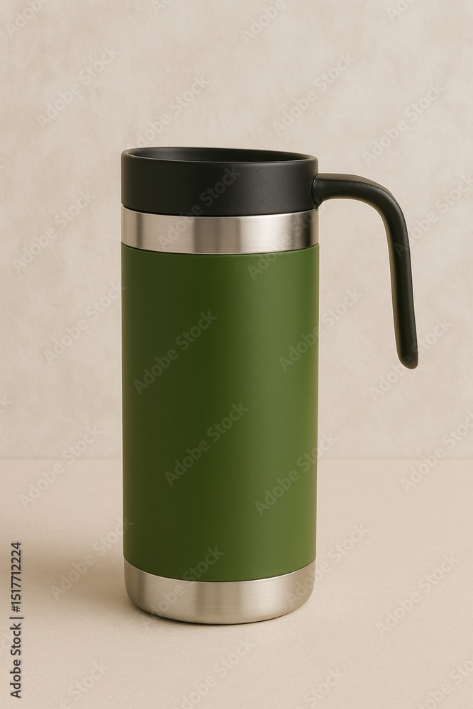 Obraz premium A modern green travel mug isolated. The sleek design and stainless steel details, making it a stylish choice for on-the-go beverages