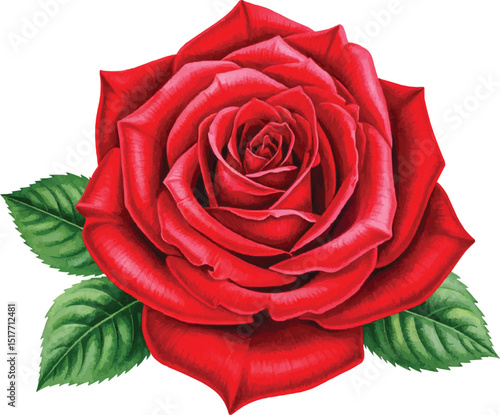 A digitally rendered red rose with green leaves on a white background in a close up view image on transparent background