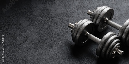 Two gray dumbbells on a dark surface