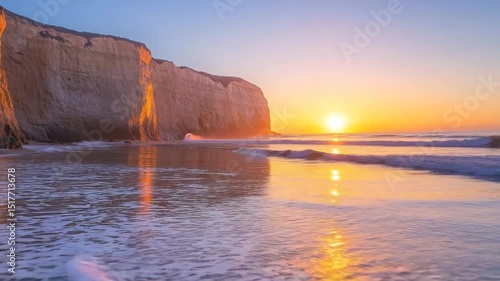 Beachside cove view with sun rising between cliffs and early light reflecting on gentle waves