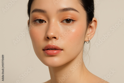 Model with bright pink lips, striking pose.