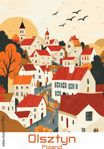 Wallpaper Mural Olsztyn, Poland Vector Illustration - Red Roofs and Birds Torontodigital.ca