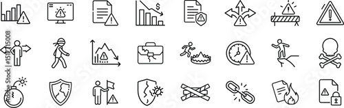 Line Icons Representing Financial Crisis, Natural Hazards, Emergency, Danger and Alert Situations, Risk, Crisis, Danger and Emergency Icons