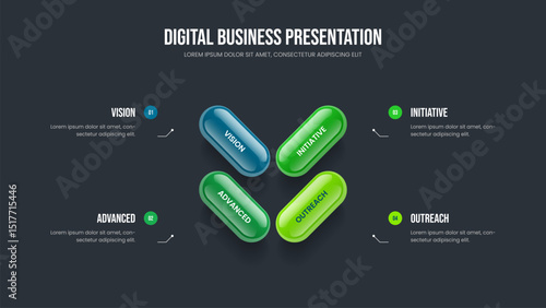 Digital Analysis Presentation Layout Vector Illustration. Marketing Performance 4 Step Diagram Frame Design. Investor Portfolio Four Element Infographic Slide Template.