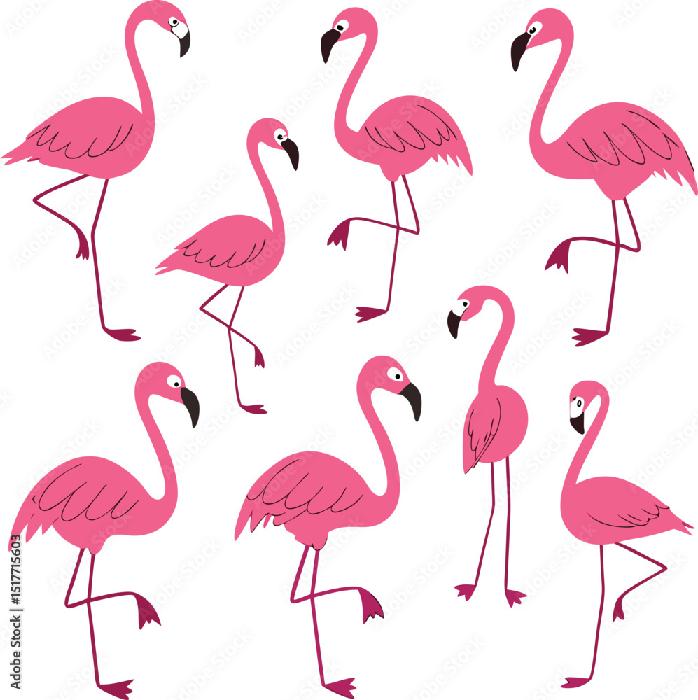 Obraz premium Nine Cute Flamingos in Fun Poses Symmetrical Flat Design Illustration