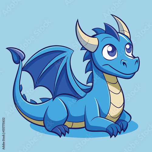 Cute Blue Dragon Cartoon Character Lying Down on a Light Blue Background