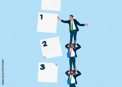 Worker holding each other on their shoulders. Businessman manage to prioritize sticky note with number. Arrange to do list which job to do before and after, set work priority, task management concept.