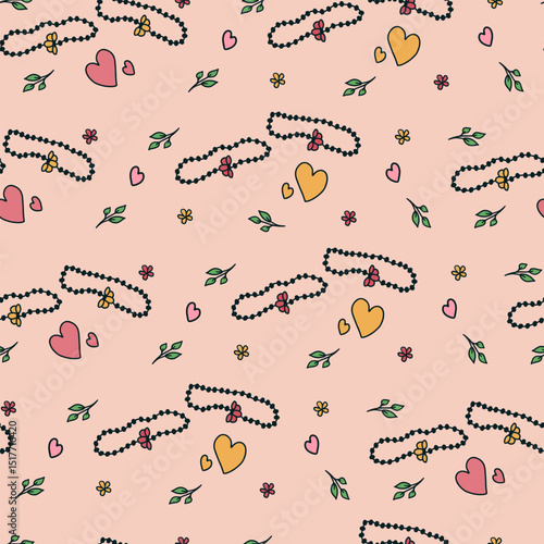 Seamless pattern with hand drawn doodle two matching bracelets with beads and halves of one flower, heart shapes and leaves on light pink background