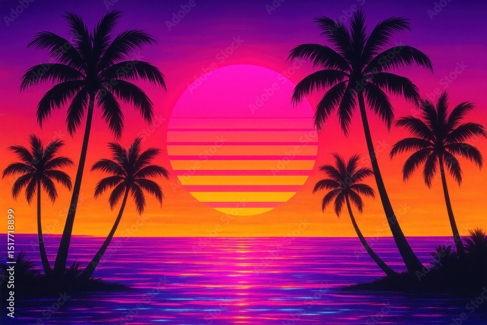 Palm trees under the sun in a painting. Palm trees under the sun in a painting.