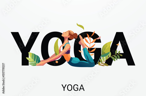 Yoga Day Illustration – Woman in Yoga Pose with Decorative Leaves