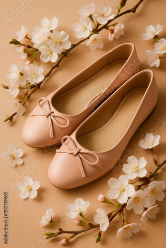 Elegant ballet flats paired with beautiful blossoms, creating a sense of spring and femininity. The composition is soft and inviting, ideal for fashion or lifestyle content