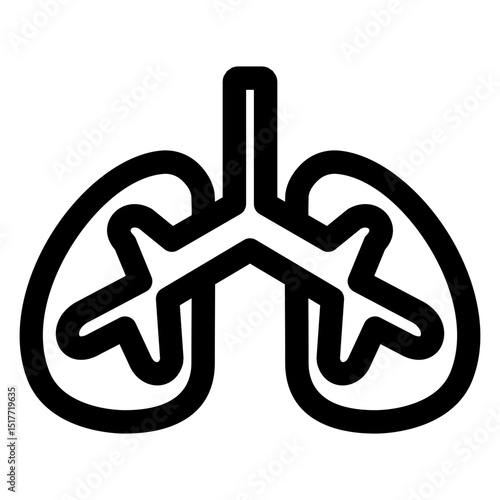 Black and white drawing of a pair of lungs. The lungs are shown in detail, with the trachea