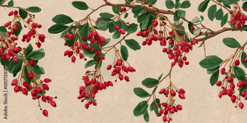 Botanical branches with red berries and green foliage on beige background, vintage illustration design
Botanical branches with red berries and green foliage on beige background, vintage illustration design