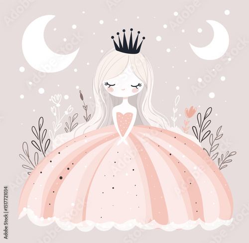 Cute card of little princess in ball gown. Girl with crown on flowers background, greeting card, flat vector poster, printable.