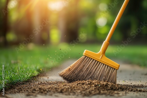 Wallpaper Mural Close-up of a yellow broom sweeping dirt on a sunny day in a lush green garden Torontodigital.ca