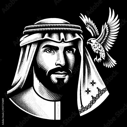 Vintage Hand-Drawn Emirati Man with Keffiyeh and Falcon Silhouette Illustration 