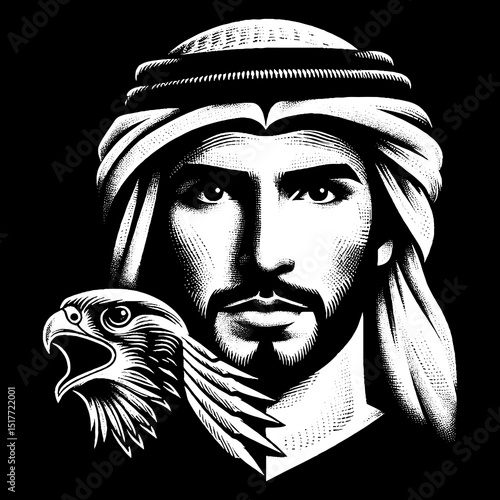 Vintage Hand-Drawn Emirati Man with Keffiyeh and Falcon Silhouette Illustration