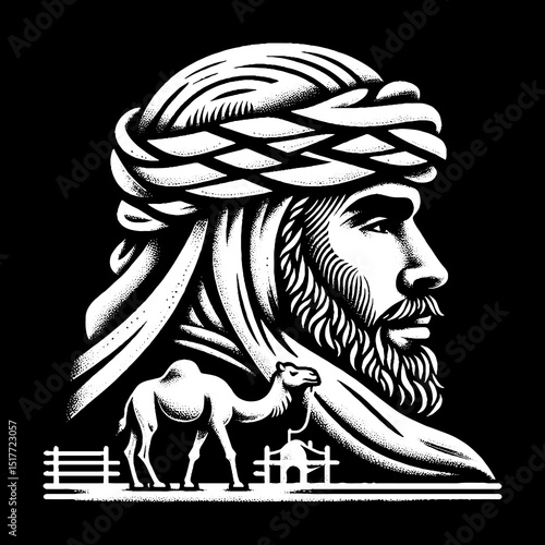 Vintage Hand-Drawn Bedouin Man with Headscarf and Dune Lines Illustration 