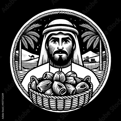 Vintage Hand-Drawn Bedouin Man with Headscarf and Dune Lines Illustration 