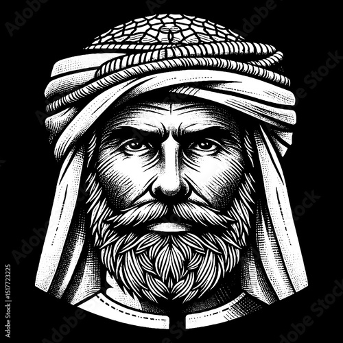 Vintage Hand-Drawn Bedouin Man with Headscarf and Dune Lines Illustration 