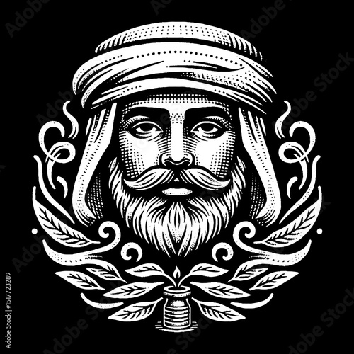 Vintage Hand-Drawn Bedouin Man with Headscarf and Dune Lines Illustration 