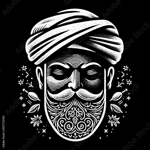 Vintage Hand-Drawn Bedouin Man with Headscarf and Dune Lines Illustration 
