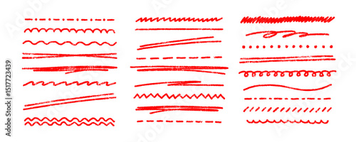 Chalk red underline lines. Charcoal texture lines set isolated on white background. Scribble crayon lines vector set. Grunge different chalk strokes, crayon drawing dividers. Red horizontal lines.
