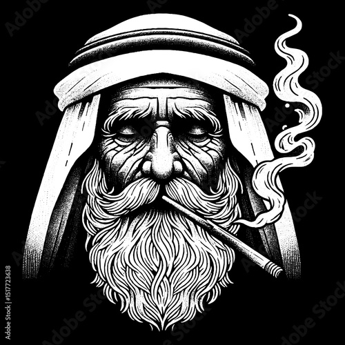 Vintage Hand-Drawn Bedouin Man with Headscarf and Dune Lines Illustration 