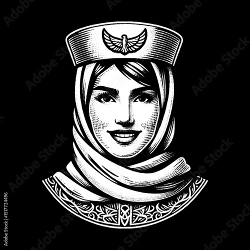 Vintage Hand-Drawn Stewardess with Scarf and Smile Illustration