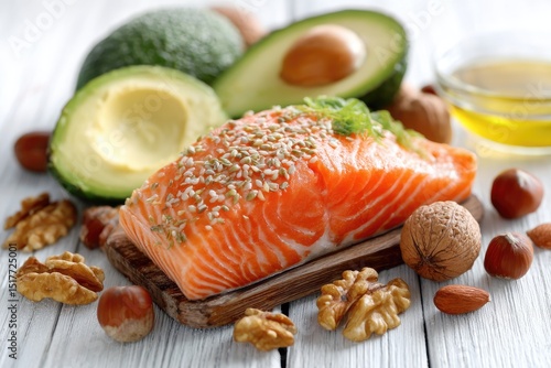 Fresh salmon fillet, avocados, nuts, and healthy oil on a white wooden surface