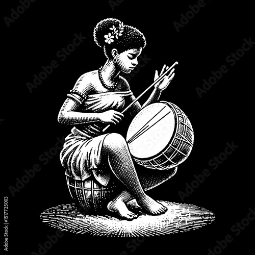 Vintage Hand-Drawn Girl Playing the Berimbau Concentrated and Passionate Illustration 