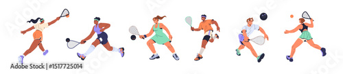 Set of squash players. Athletes in uniform are rushing to hit ball with racket. Sportsmen and sportswomen play padel tennis on court. People at sport game. Flat isolated vector illustrations on white