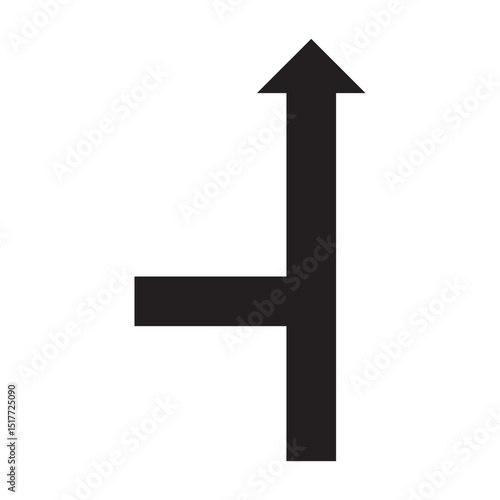 Black road arrow icon showing straight and left turn direction. Simple vector design for apps, maps, road signage, or educational driving tools. Minimalist and easy to recognize.