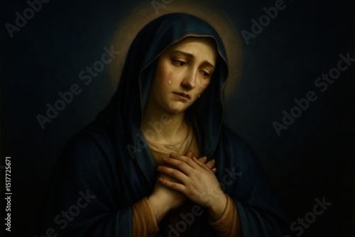 Sorrowful Virgin Mary with halo and tear in dark cloak praying in dim light