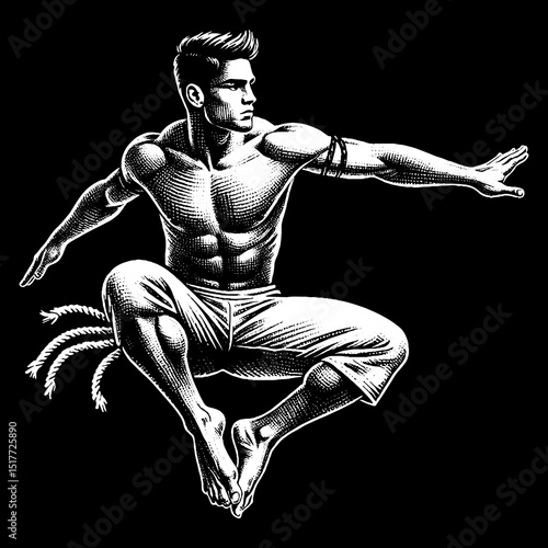 Vintage Hand-Drawn Handsome Man Performing Capoeira Confident and Agile Illustration 