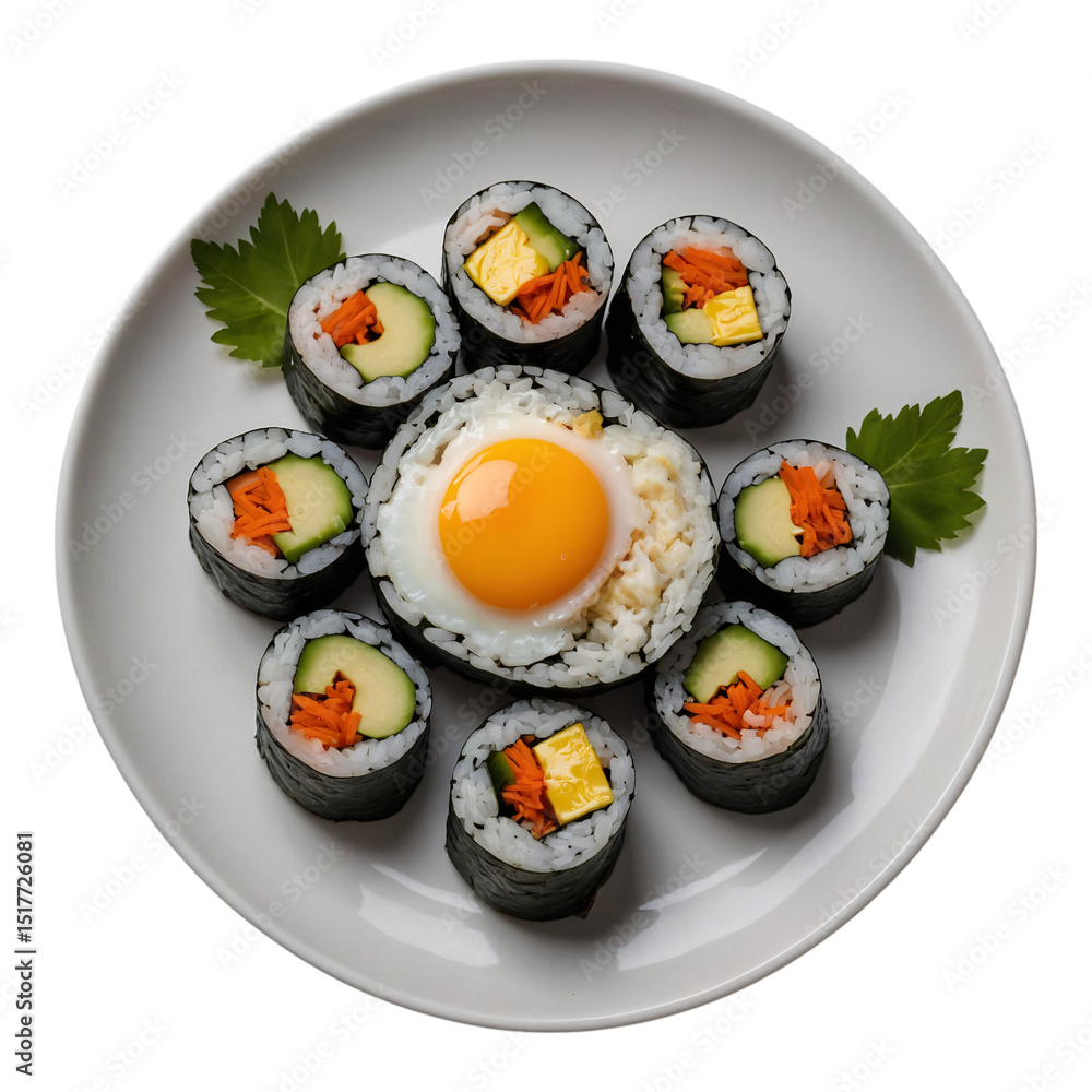 Top-down view of neatly sliced gimbap rolls filled with rice, vegetables, and egg, arranged in a clean circular pattern on a white plate. Isolated, PNG-ready, 48k detail. Top-down view of neatly sliced gimbap rolls filled with rice, vegetables, and egg, arranged in a clean circular pattern on a white plate. Isolated, PNG-ready, 48k detail.