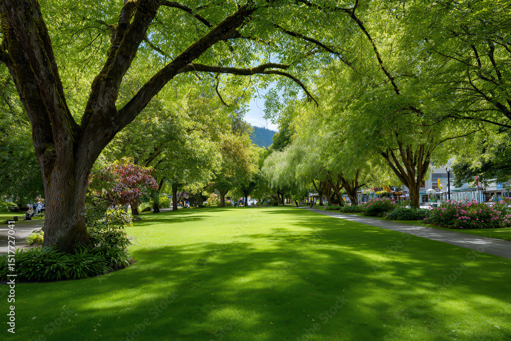 Obraz premium serene summer park in canada featuring rare trees under clear blue sky