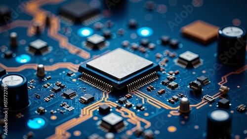 High tech closeup of microchip on blue electronic circuit board with glowing lights for innovation and semiconductor industry concept