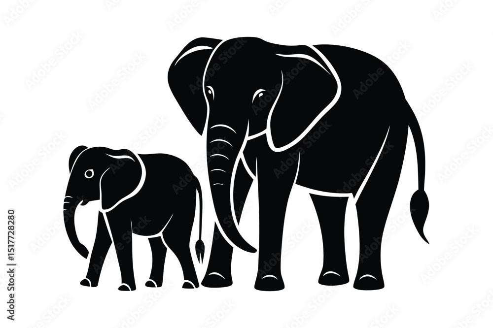 Fototapeta premium A elephant and her kid silhouette vector illustration