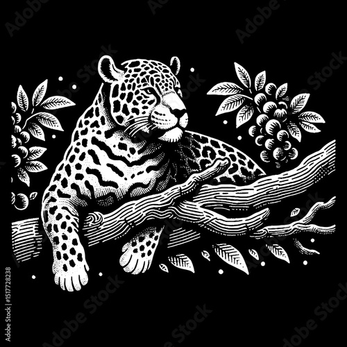 ChatGPT said:Vintage Hand-Drawn Jaguar Resting on a Tree Calm and Alert Illustration – Wildlife Vector Artwork for Nature Apparel, Posters, Stickers, and Safari Designs on Dark Background