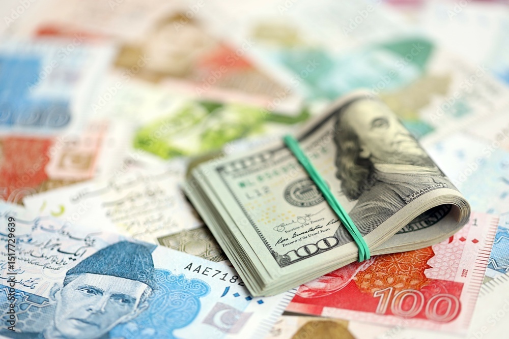 Stack of US dollar bills lies on big amount of Pakistan rupees banknotes close up Stack of US dollar bills lies on big amount of Pakistan rupees banknotes close up