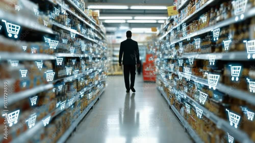 The Future of Shopping: A person in the business suite, navigates a grocery aisle filled with shopping cart icons, showcasing the integration of technology and commerce in the food industry. The Future of Shopping: A person in the business suite, navigates a grocery aisle filled with shopping cart icons, showcasing the integration of technology and commerce in the food industry.