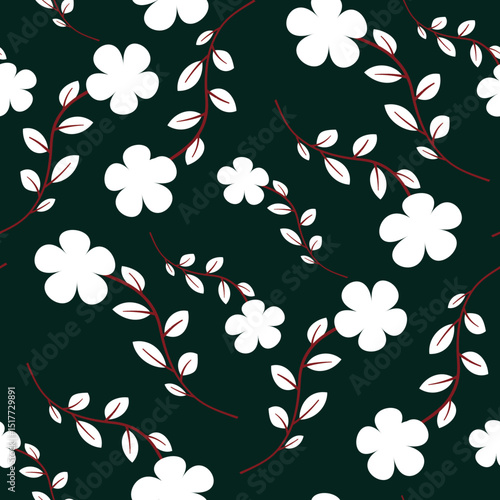 Florals pattern drak green and white flowers