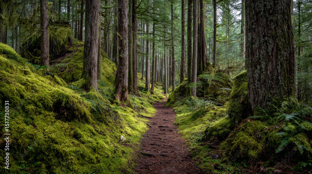 Fototapeta premium Serene adventure path flanked by tall cedar trees, surrounded by lush green moss and vibrant foliage, invites exploration and tranquility in nature embrace