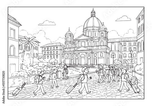Captivating Coloring Page, Group of Travelers Exploring Historic