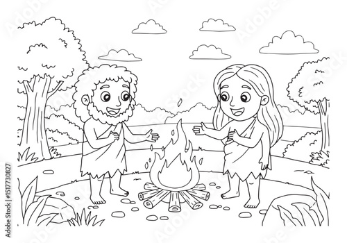 Adam and Eve around bonfire in coloring book style illustration