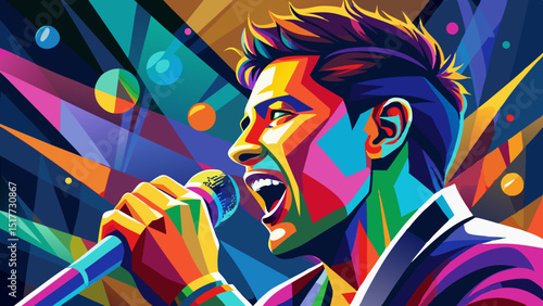 : close up Illustration: Colorful silhouette of a male singer, the singer sings into a microphone at a concert