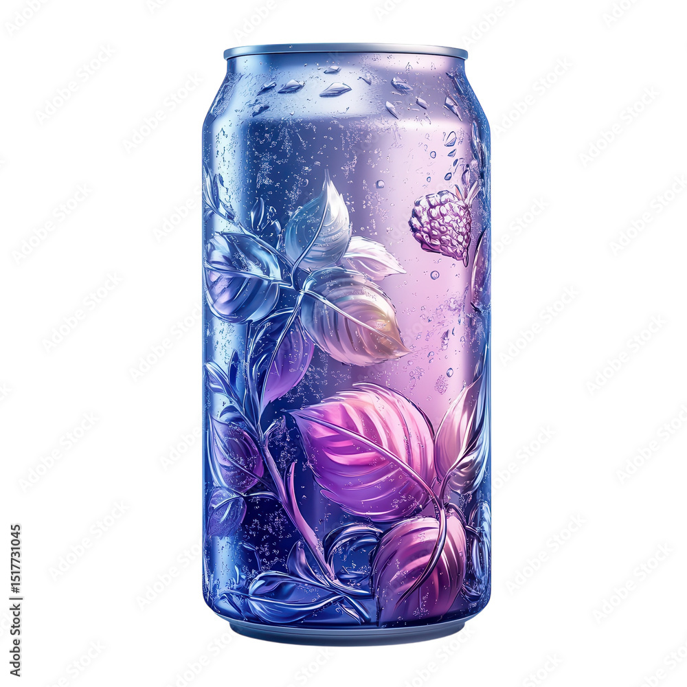 Fototapeta premium An ethereal soda can blooming with embossed raspberry and leaves in on transparent background